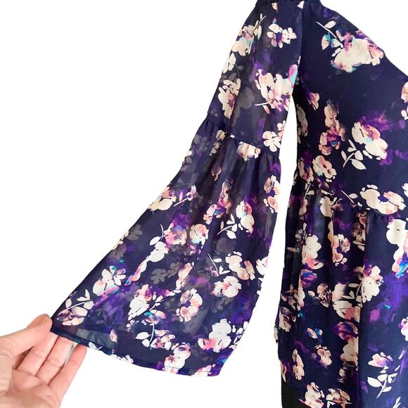 Decree Purple Blue Sheer Top Lace Bell Sleeves SM Y2K Fairy Boho Dark Cottage - Picture 3 of 9